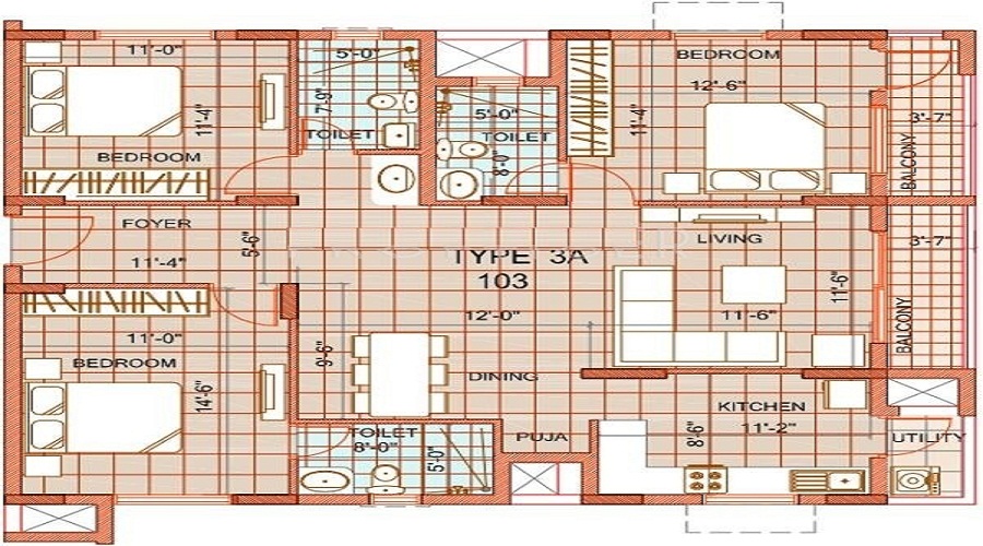 2 BHK+2T 1100/sqft-saleable  Sqft Apartment For Sale In Vasundhara Kritika Homes In Banashankari Floor Plan