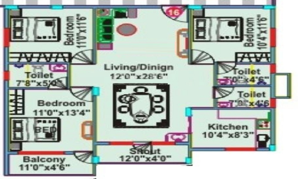 2 BHK+2T 1075/sqft-saleable Sqft Apartment For Sale In Mahaveer Clover In Yelahanka Floor Plan