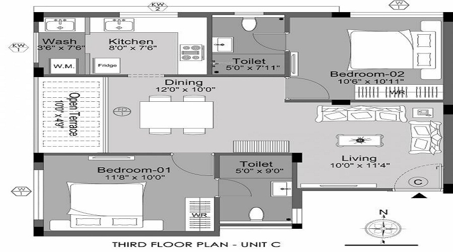 2 BHK+2T 888/sqft-saleable  Sqft Apartment For Sale In Urbando Altea In Velachery Floor Plan