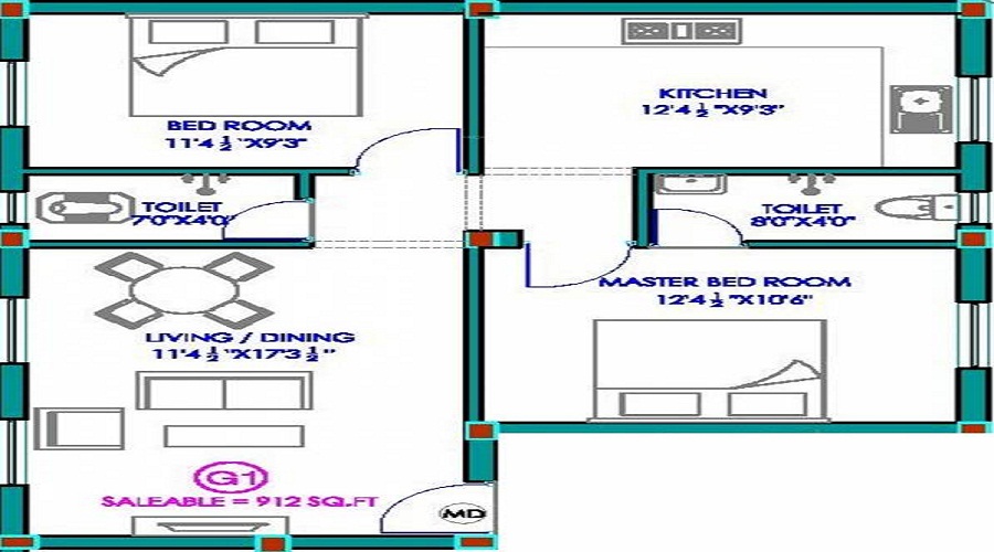 2 BHK+2T 820/sqft-saleable  Sqft Apartment For Sale In Vishnu Shashi Homes In Medavakkam Floor Plan