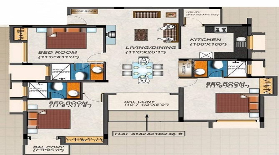 2 BHK+2T 914/sqft-saleable  Sqft Apartment For Sale In AJ Suite 16 In Medavakkam Floor Plan