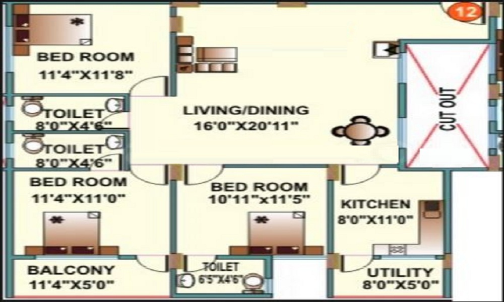 2 BHK+2T 1070/sqft-saleable Sqft Apartment For Sale In Mahaveer Thrishla In Raja Rajeshwari Nagar Floor Plan