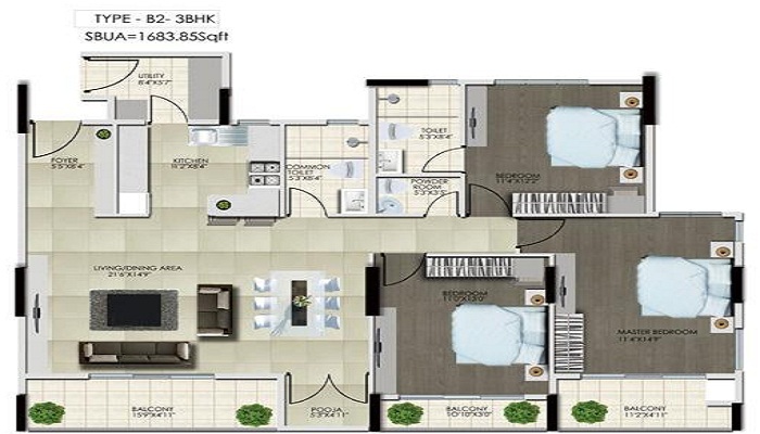2 BHK+2T 1175/sqft-saleable Sqft Apartment For Sale In Mythreyi Group Amayavana In JP Nagar Floor Plan