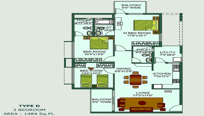 2 BHK+2T 1264/sqft-saleable Sqft Apartment For Sale In NCC Urban Nagarjuna Aster Park In Yelahanka Floor Plan