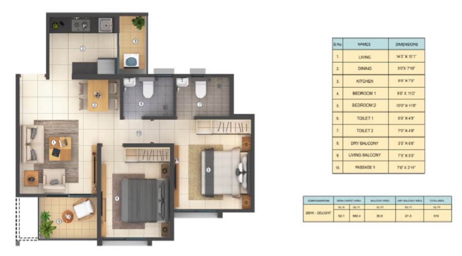 2 BHK+2T 725/sqft-carpet Sqft Apartment For Sale In Shapoorji Pallonji Joyville Hadapsar Annexe In Manjari Floor Plan