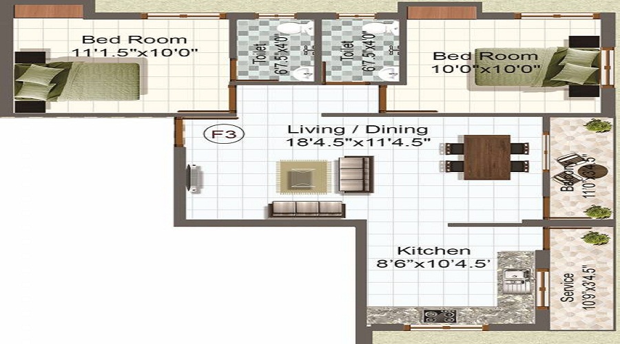 1 BHK+1T 613/sqft-saleable  Sqft Apartment For Sale In Rayan Bhagyam In Madipakkam Floor Plan