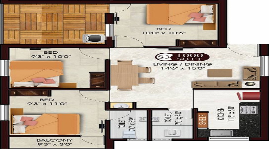 2 BHK+2T 1307/sqft-saleable  Sqft Apartment For Sale In Arham Saileela In Mylapore Floor Plan