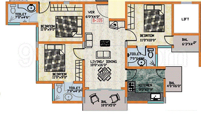 2 BHK+2T 1114/sqft-saleable Sqft Apartment For Sale In Nirman Shelters Nydhile In Whitefield Road Floor Plan