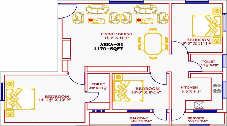 1.5 BHK+2T 921/sqft-saleable  Sqft Apartment For Sale In SS Smaya In Poonamallee Floor Plan