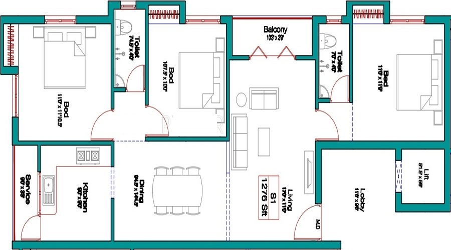 2 BHK+2T 943/sqft-saleable  Sqft Apartment For Sale In Swetha Emerald In Madipakkam Floor Plan