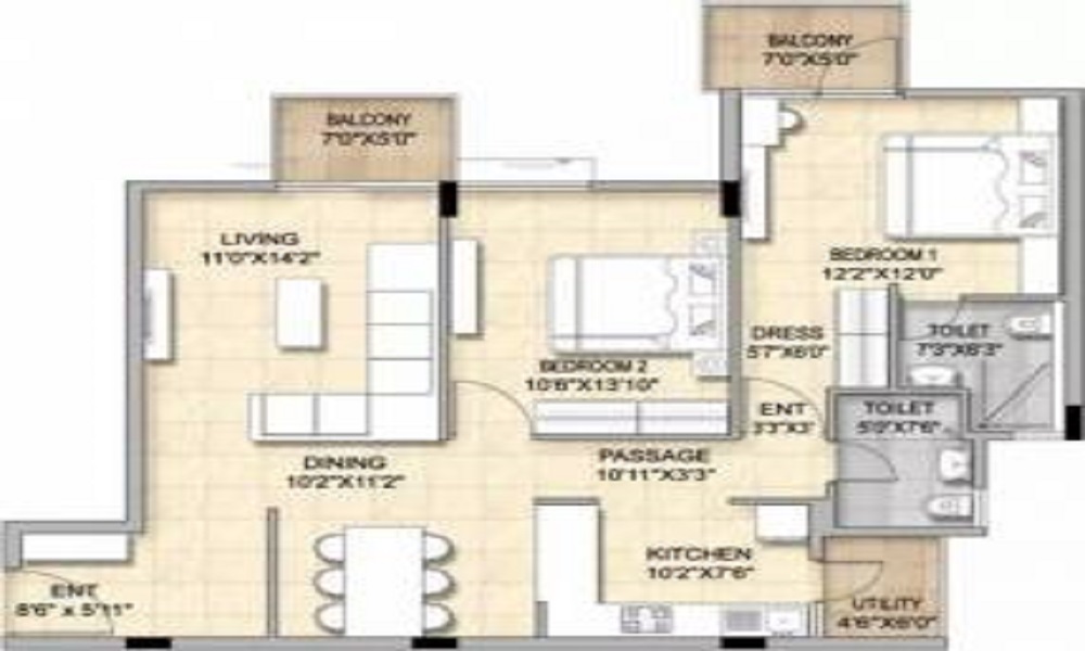 1 BHK+1T 483/sqft-saleable Sqft Apartment For Sale In Prabhavathi Prabhavathi Paradise In Hosa Road Floor Plan