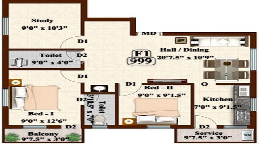 1 BHK+1T 490/sqft-saleable  Sqft Apartment For Sale In ACE Kaviyam In Poonamallee Floor Plan