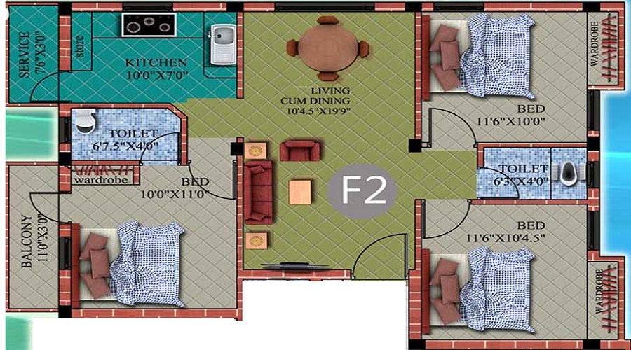 2 BHK+2T 848/sqft-saleable  Sqft Apartment For Sale In Sri Shreyas In Gowrivakkam Floor Plan