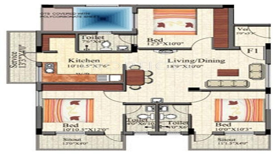 2 BHK+2T 800/sqft-saleable  Sqft Apartment For Sale In Aurris Joy Sereno In Iyyappanthangal Floor Plan