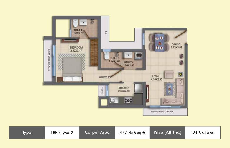 1 BHK+1T 417/sqft-carpet Sqft Apartment For Sale In Dosti ORO 67 In Kandivali West Floor Plan