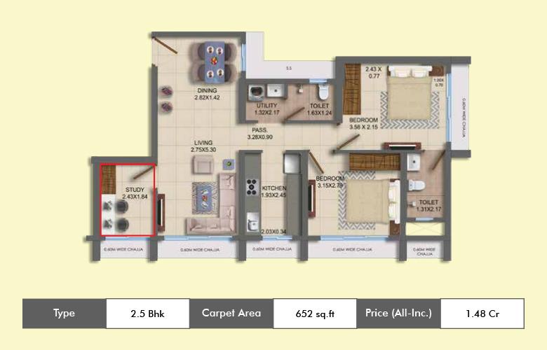 1 BHK+1T 417/sqft-carpet Sqft Apartment For Sale In Dosti ORO 67 In Kandivali West Floor Plan