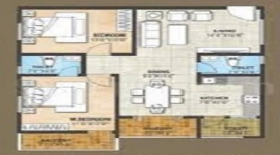 2 BHK+2T 900/sqft-saleable Sqft Apartment For Sale In Nava Vaibhava In Horamavu Floor Plan