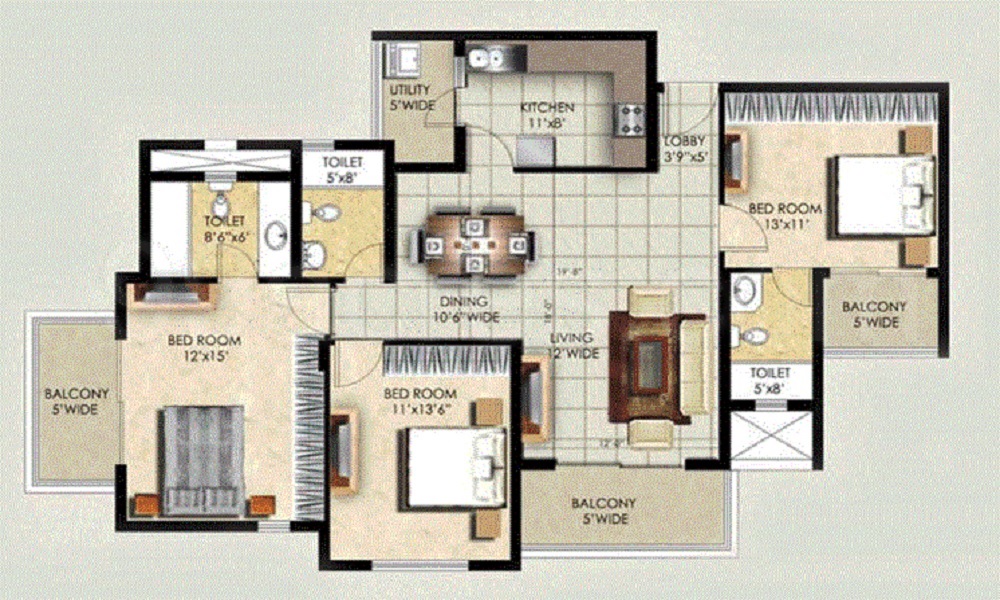 2 BHK+2T 1255/sqft-saleable Sqft Apartment For Sale In Raja Housing Aristos In Bannerghatta Road Floor Plan