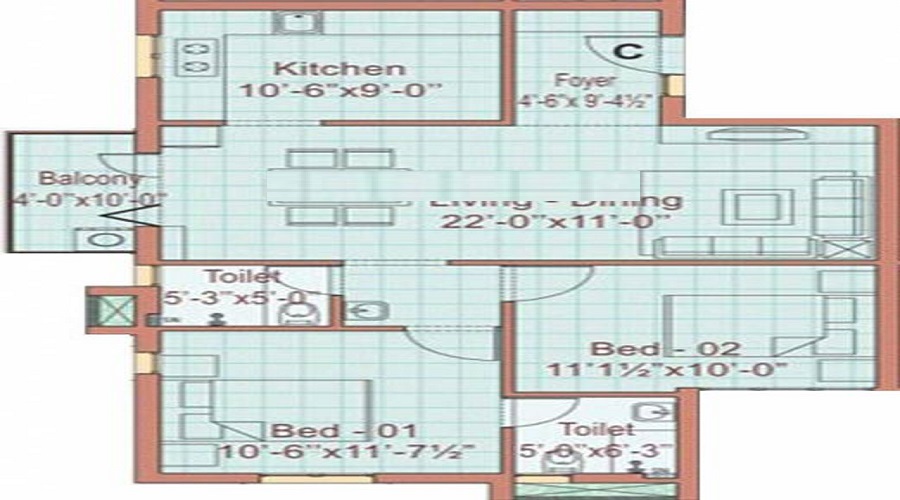 2 BHK+2T 1050/sqft-saleable  Sqft Apartment For Sale In Ruby Ashok Manor Manickam Avenue In Gowrivakkam Floor Plan