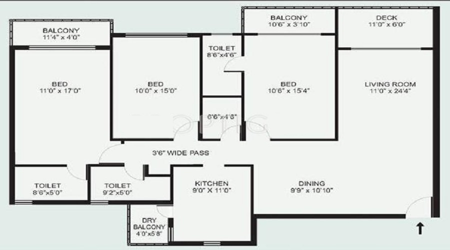 2 BHK+2T 1335/sqft-saleable  Sqft Apartment For Sale In Mirchandani Premium Towers In AB Bypass Road Floor Plan