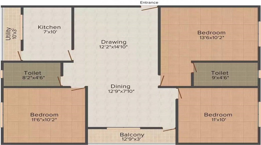 2 BHK+2T 1206/sqft-saleable  Sqft Apartment For Sale In MPM SS Pinnacle In Ameerpet Floor Plan