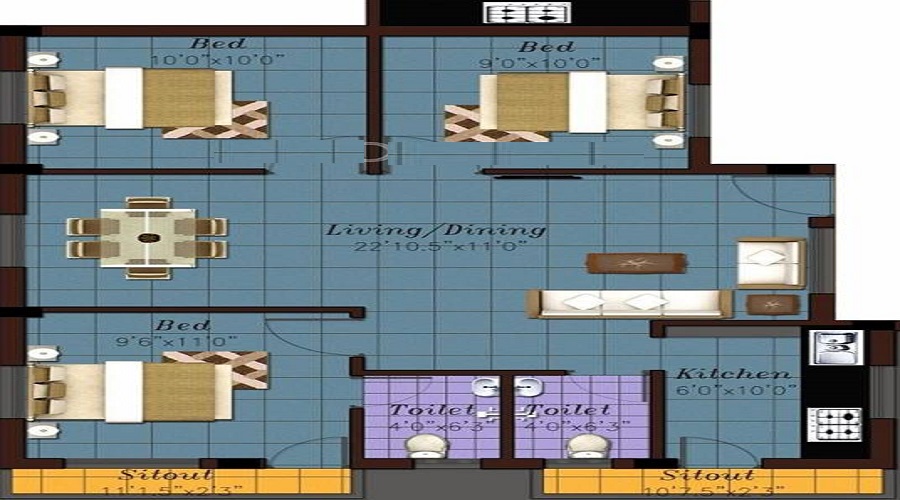 1 BHK+1T 610/sqft-saleable  Sqft Apartment For Sale In Krishna Keerthanam In Mugalivakkam Floor Plan