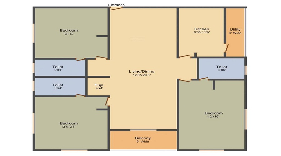 2 BHK+2T 1165/sqft-saleable  Sqft Apartment For Sale In Anuhar Purple Tunes In Manikonda Floor Plan