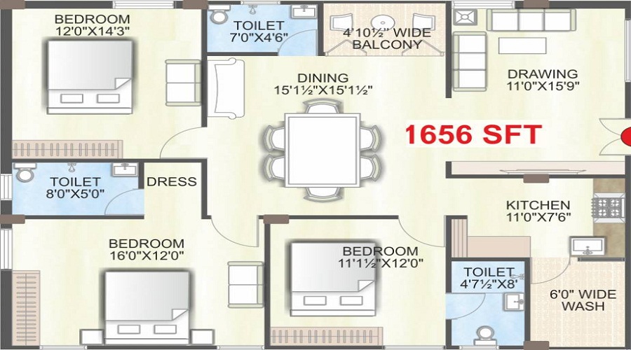2 BHK+2T 1258/sqft-saleable  Sqft Apartment For Sale In The Life In Hitech City Floor Plan