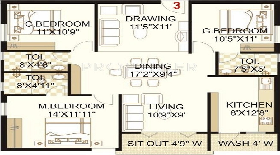 2 BHK+2T 1038/sqft-saleable Sqft Apartment For Sale In Reliance MCR Arcade In Kukatpally Floor Plan