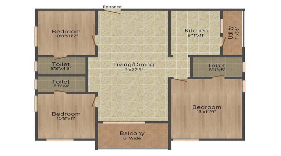 2 BHK+2T 1010/sqft-saleable  Sqft Apartment For Sale In BR Hemadurga Wonder In Miyapur Floor Plan