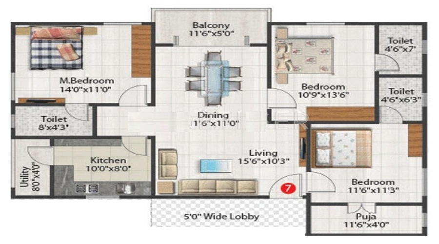 2 BHK+2T 1210/sqft-saleable  Sqft Apartment For Sale In Concrete Sangeeth In Manikonda Floor Plan