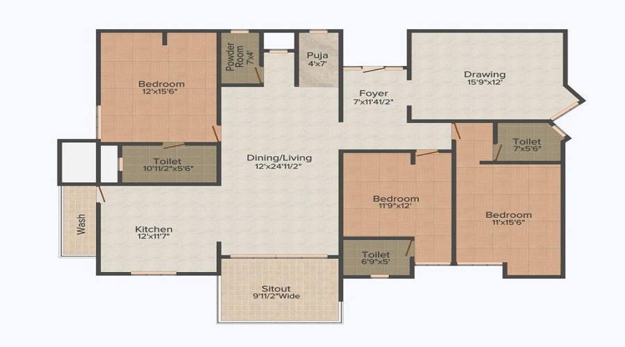 2 BHK+2T 1230/sqft-saleable  Sqft Apartment For Sale In Aryamitra Lotus Homes In Manikonda Floor Plan
