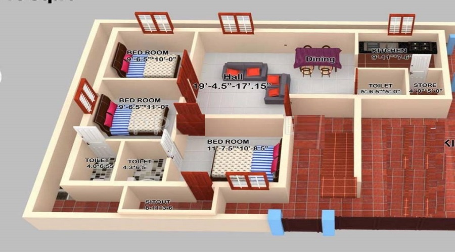 2 BHK+2T 845/sqft-saleable  Sqft Apartment For Sale In Geejay Homes Kabilar Corners In Tiruvallur Floor Plan