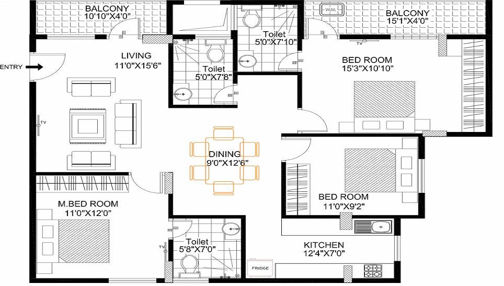 2 BHK+2T 800/sqft-saleable Sqft Apartment For Sale In Shanders Dwellington In Electronic City Phase 2 Floor Plan