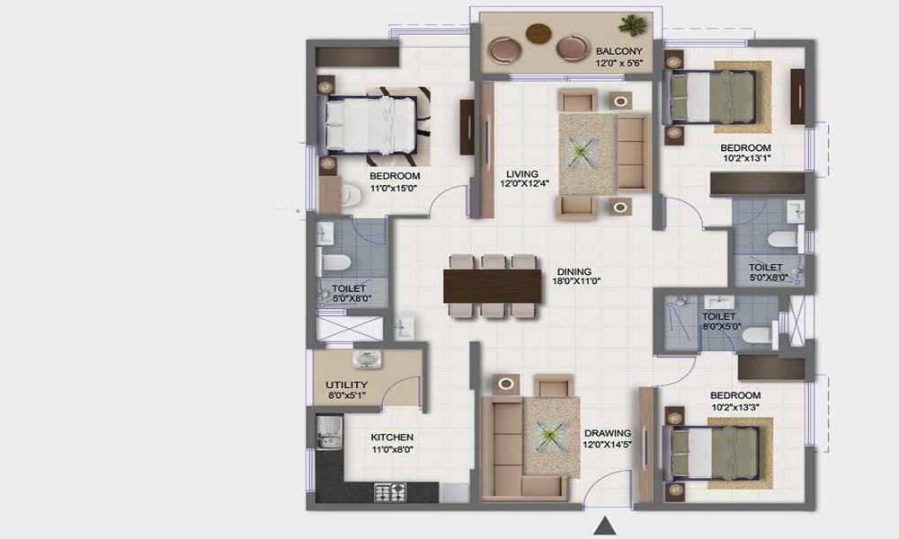 2 BHK+2T 1305/sqft-saleable Sqft Apartment For Sale In Shriram Shivaranjani Apartments In JP Nagar Floor Plan