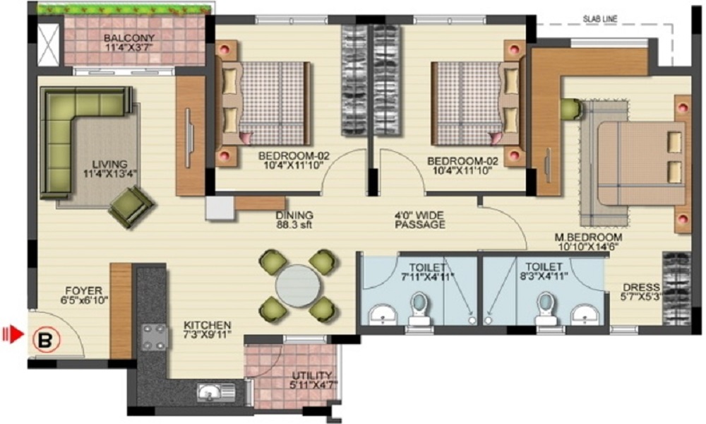 2 BHK+2T 958/sqft-saleable Sqft Apartment For Sale In SJR Unity In Marathahalli Floor Plan