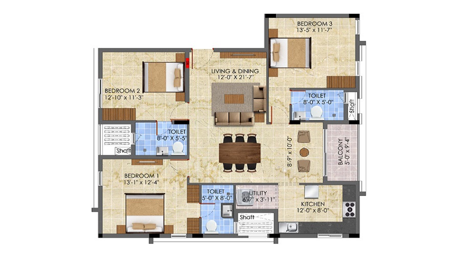 2 BHK+2T 588/sqft-saleable  Sqft Apartment For Sale In Radiance The Pride In Pallavaram Floor Plan