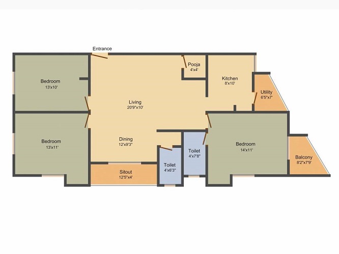 2 BHK+2T 985/sqft-saleable  Sqft Apartment For Sale In Aswin Aswin Krishna In Nanganallur Floor Plan