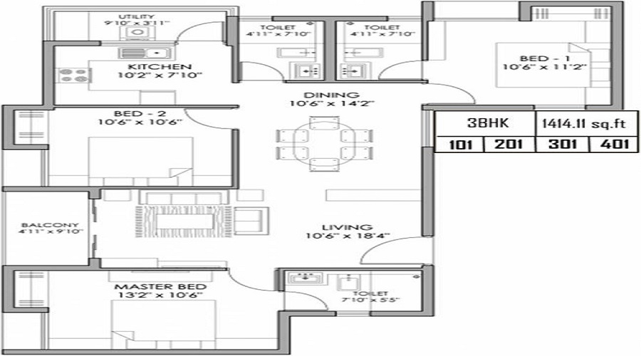 2 BHK+2T 1058/sqft-saleable  Sqft Apartment For Sale In NM Ebony In Manapakkam Floor Plan
