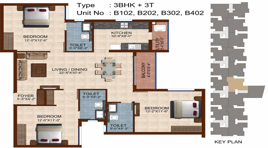 2 BHK+2T 1049/sqft-saleable Sqft Apartment For Sale In Casagrand Vivant In Kolapakkam Floor Plan