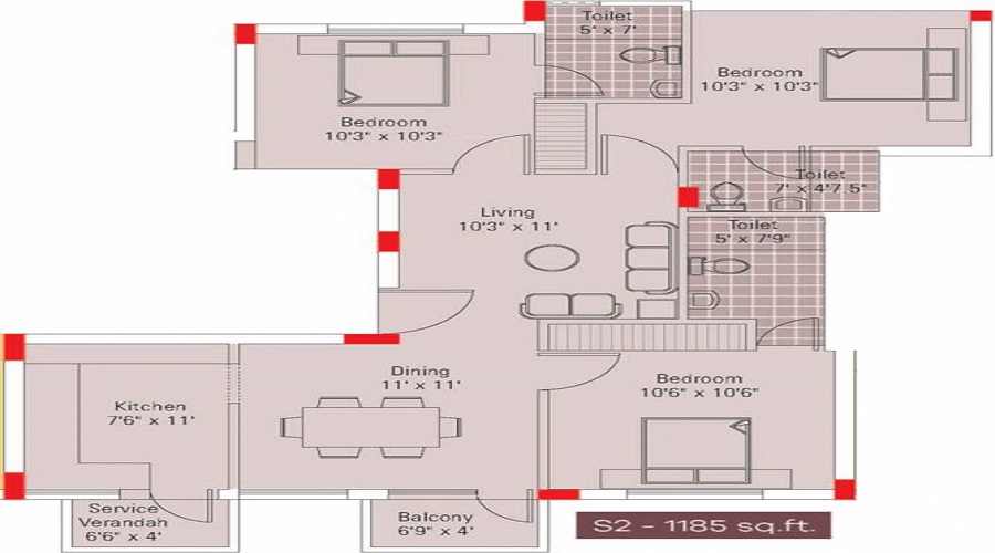1 BHK+1T 605/sqft-saleable  Sqft Apartment For Sale In Sekaran Grandium In Perumbakkam Floor Plan