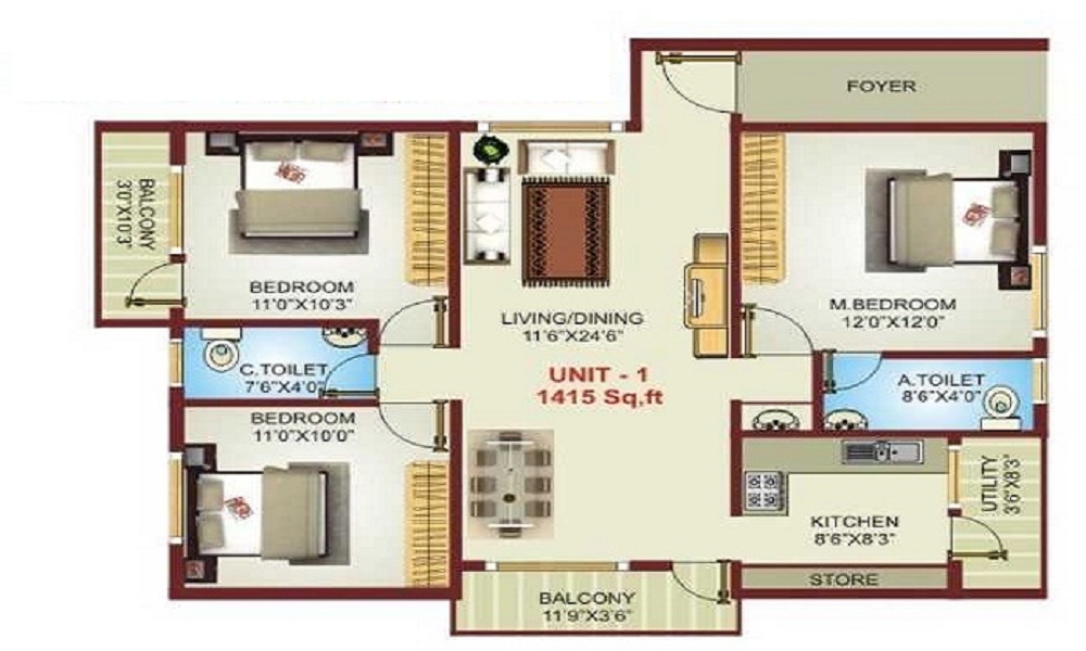 2 BHK+2T 1000/sqft-saleable Sqft Apartment For Sale In SRR Pranav In Off Hosur Road Floor Plan