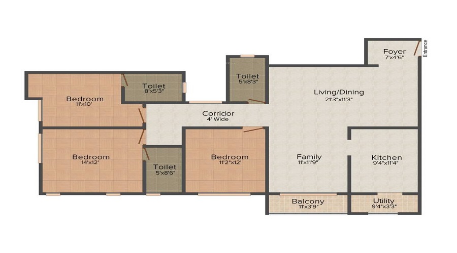 2 BHK+2T 1154/sqft-saleable  Sqft Apartment For Sale In Landmark Evani In Perungudi Floor Plan