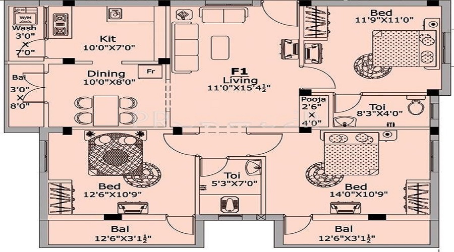 2 BHK+2T 560/sqft-saleable  Sqft Apartment For Sale In Capital Sakthi In Perumbakkam Floor Plan