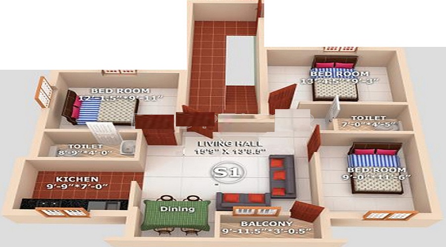 2 BHK+2T 709/sqft-saleable  Sqft Apartment For Sale In Geejay Homes Sunrise In Chromepet Floor Plan