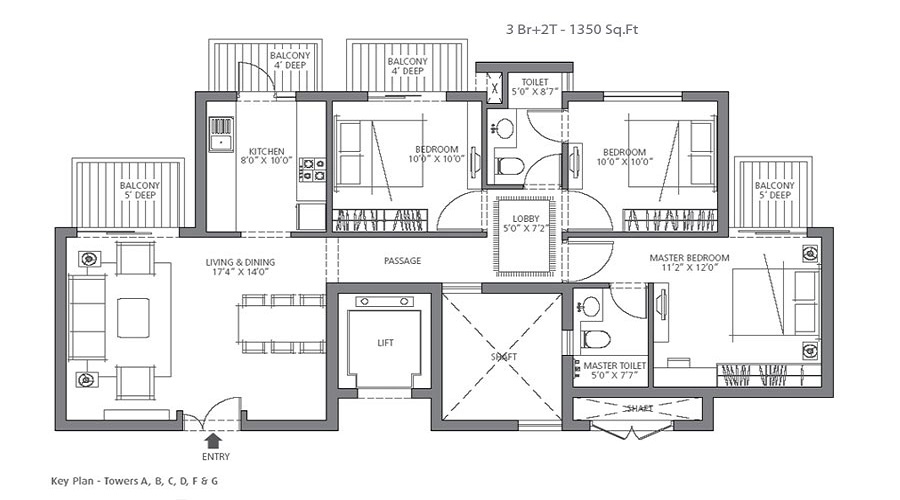 3 BHK+2T 1310/sqft-saleable Sqft Apartment For Sale In Emaar Emerald Estate In Sector 65 Floor Plan