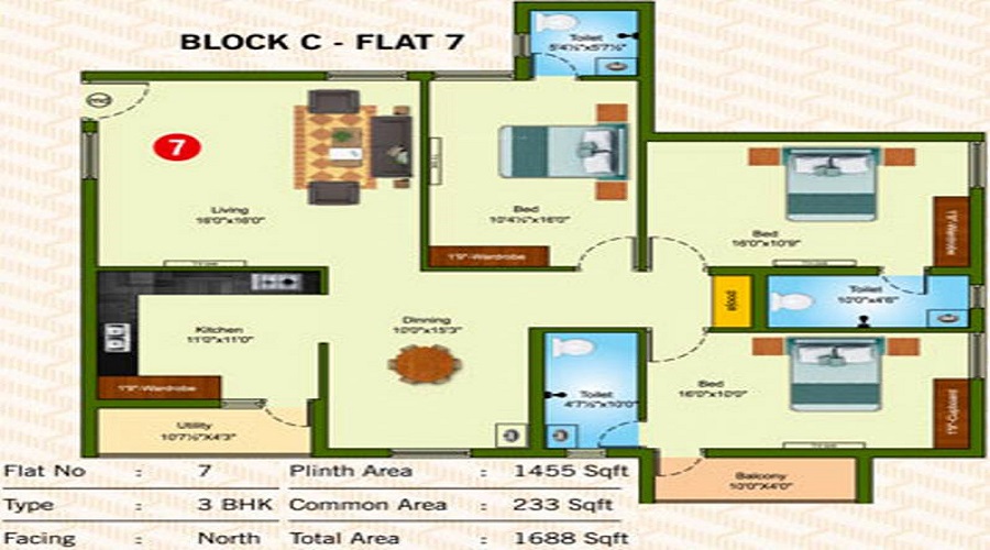 2 BHK+2T 1065/sqft-saleable  Sqft Apartment For Sale In Thvisha In Saravanampatty Floor Plan