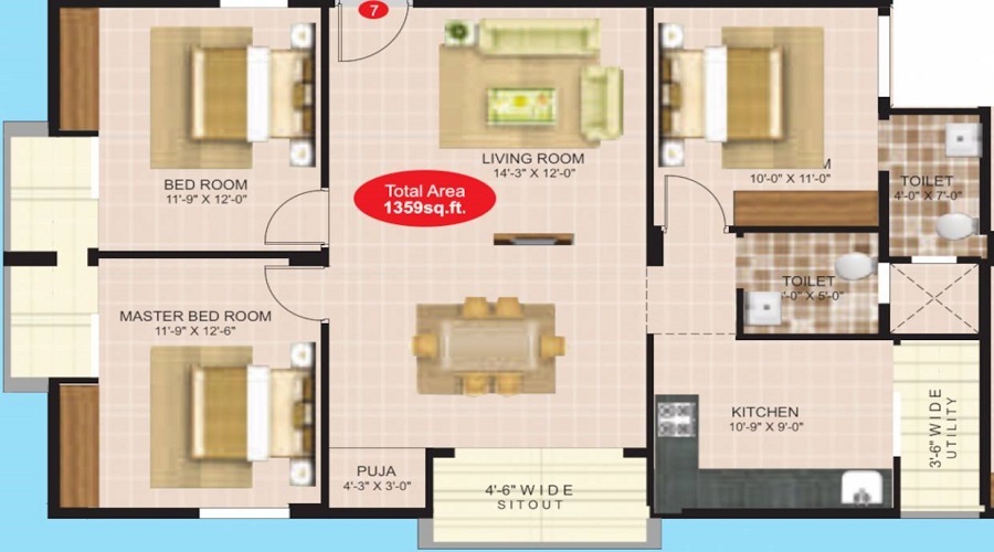 1 BHK+1T 621/sqft-saleable Sqft Apartment For Sale In Enclave In Electronic City Phase 1 Floor Plan