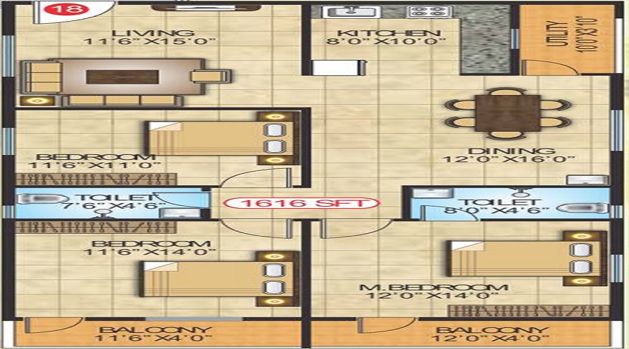 2 BHK+2T 1086/sqft-saleable  Sqft Apartment For Sale In Lakven Gardenia In Krishnarajapuram Floor Plan