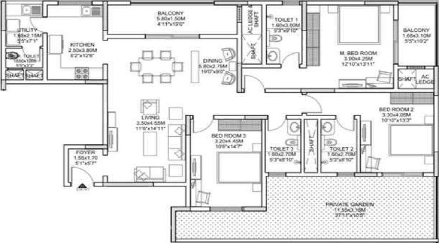 2 BHK+2T 1541/sqft-saleable  Sqft Apartment For Sale In Morzaria Grandeur II In Koramangala Floor Plan